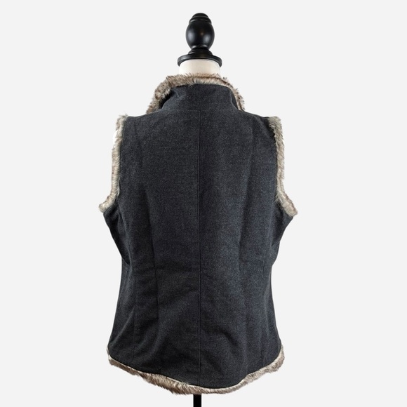 J Jill Womens Size M Vest Jacket Gray Faux Fur Trim Button Down Front Pockets - Picture 5 of 14